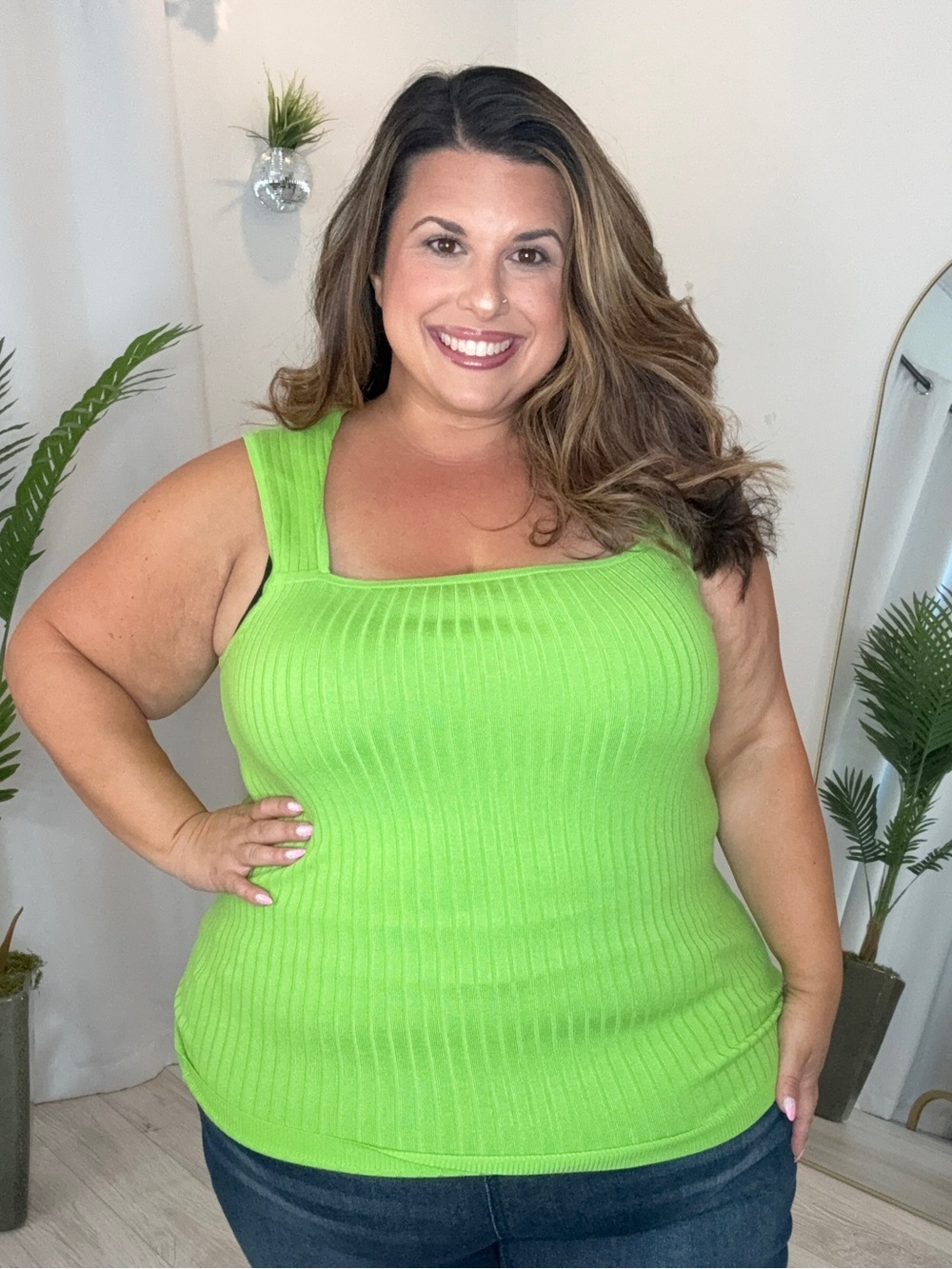 Plus Lime Green Ribbed Square-Neck Tank